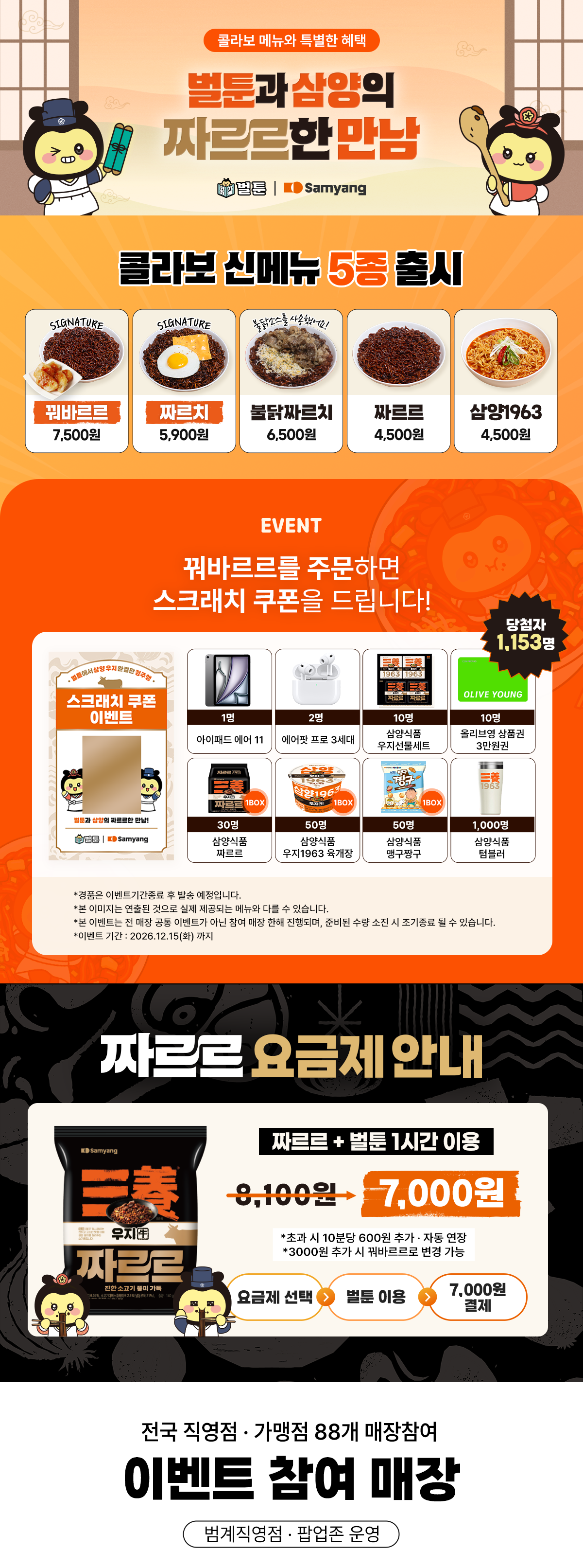 벌툰과 삼양의 짜르르한 만남! 콜라보 신메뉴 5종, 스크래치 쿠폰 이벤트, 짜르르 요금제 및 이벤트 참여 매장 안내